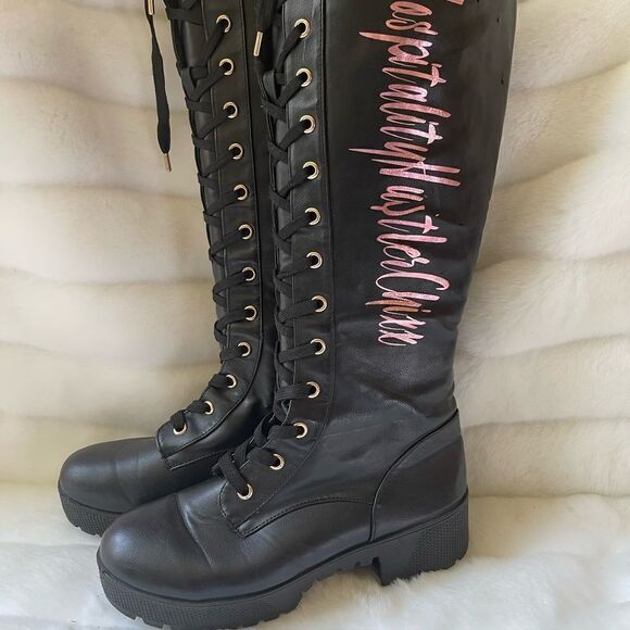 Black vegan leather lace up knee high chunky boots with metallic pink script SZ9 - Picture 4 of 12